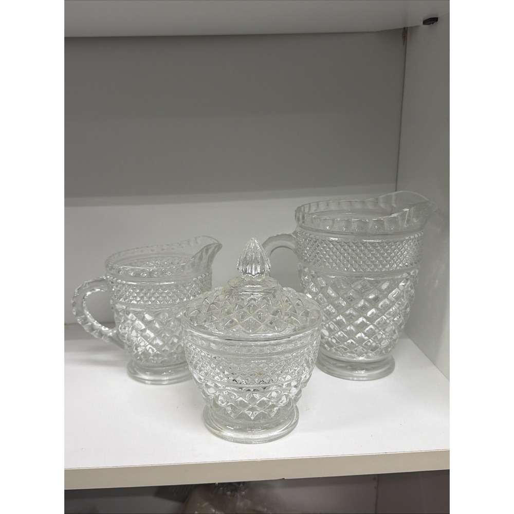 Anchor Hocking Wexford Diamond Pressed Glass 4" Creamer & 3" Sugar Bowl Set